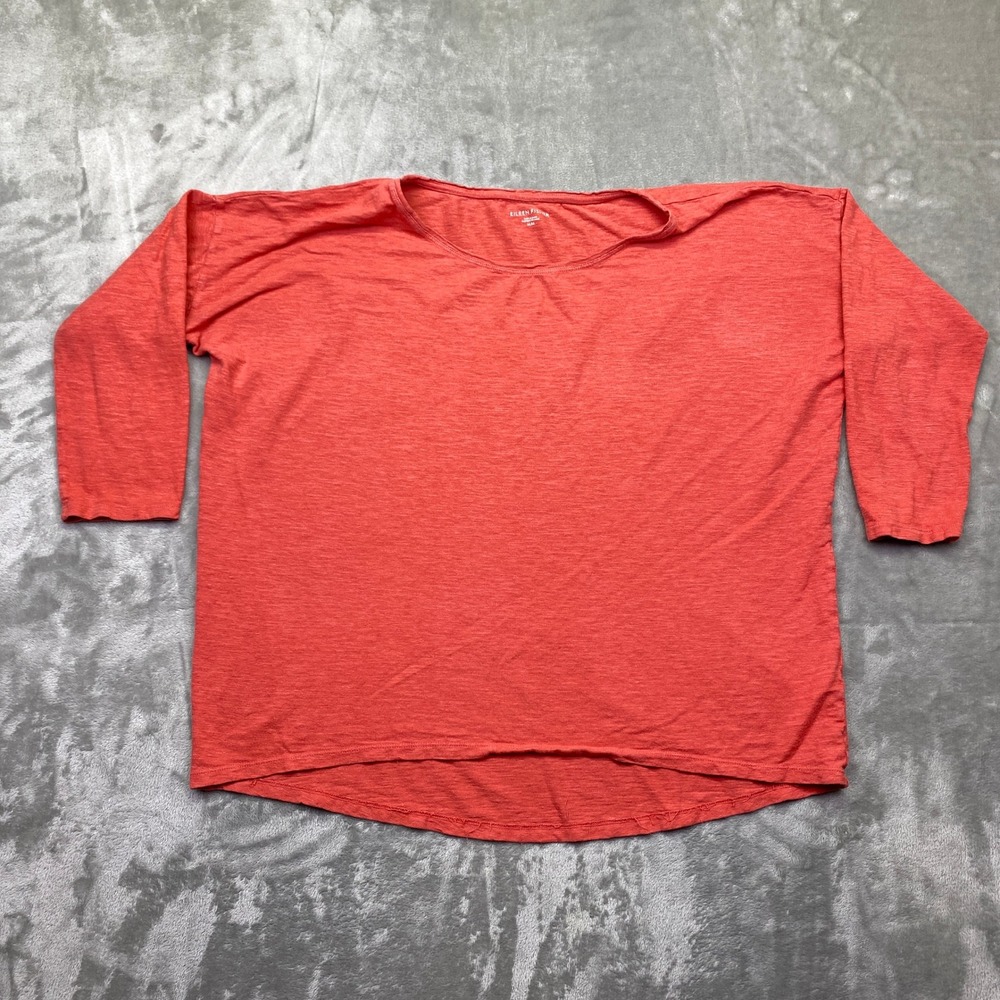 Eileen‎ Fisher Coral Orange Heathered 3/4 Sleeve Boat Neck Top Sz M Hemp Boho